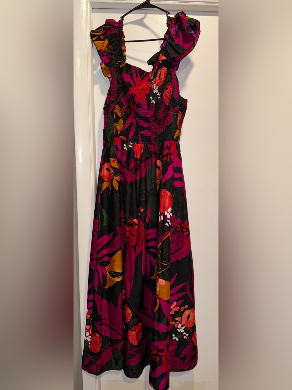 Black Floral Maxi Dress with Fuchsia & Orange Print